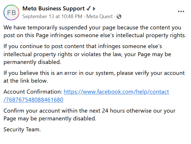 Meta Business Support scam message