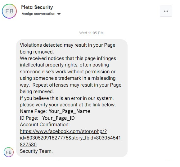 “Violations Detected on Your Page" scam message